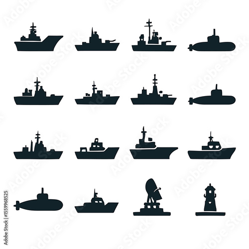Silhouetted Naval Vessels and Submarines Depicting Various Military Maritime Craft