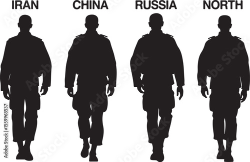 Rising Powers: Silhouettes of Soldiers from Iran, China, Russia, Korea