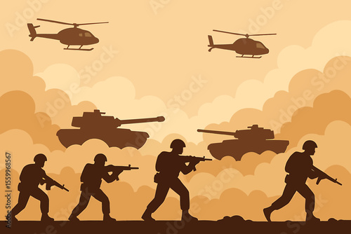 Silhouetted Soldiers Advancing Amidst Tanks and Helicopters