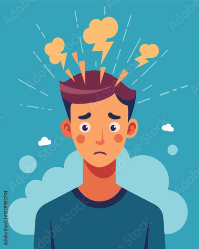 A flurry of racing thoughts pained expressions and clenched fists exploding out of a persons head depicting the physical and emotional toll of stress.. Vector illustration
