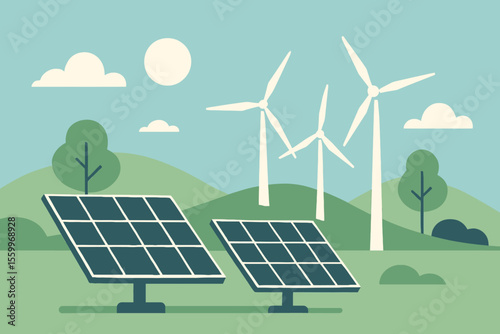 Solar Panels and Wind Turbines in a Green Energy Landscape Illustration