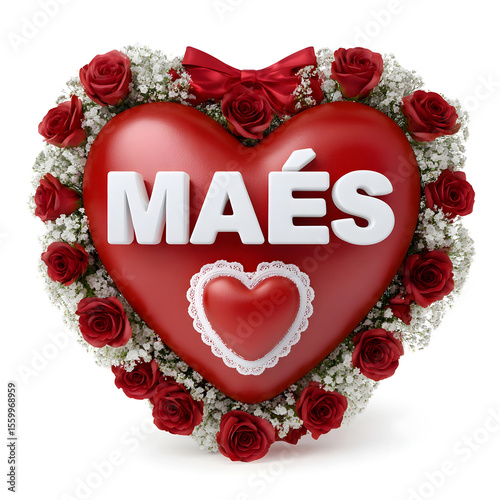 Heart shaped floral arrangement with the word maes and a smaller heart detail
