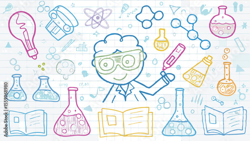 Cartoon scientist surrounded by lab equipment and molecules on a brick patterned background design