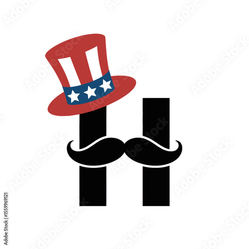 Letter H with Uncle Sam Hat and Mustache Clipart, Fun letter H illustration featuring an Uncle Sam hat and mustache, perfect for American patriotic designs, celebrations, and creative branding projec
