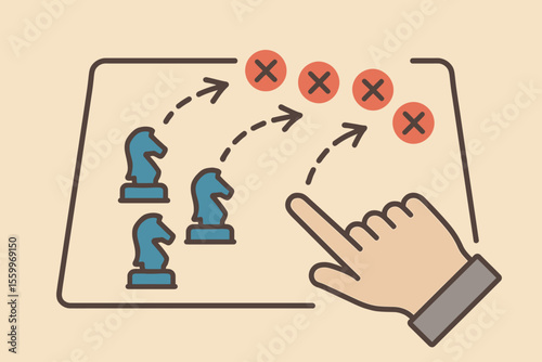Strategic Chess Knights and Tactical Plan with Red Crosses and Arrows.