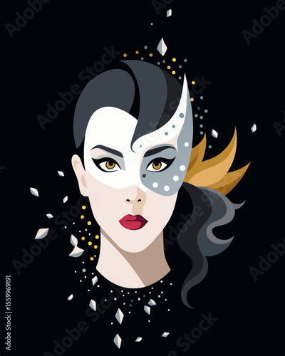 A glittering mask of a gl celebrity but as it falls apart the darkness and toxicity of their fame and lifestyle is uncovered.. Vector illustration