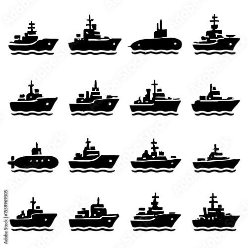 Stylized Black and White Naval Vessel Silhouettes: Warships and Submarines