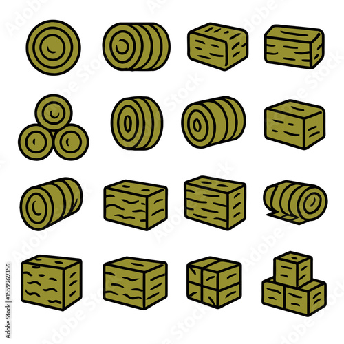 Stylized Hay Bales and Rolls in Various Shapes and Arrangements.
