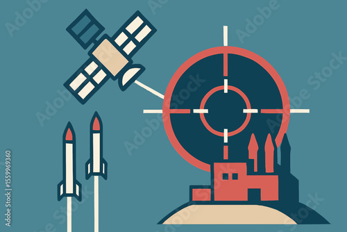 Stylized Satellite, Missiles, and Target Illustration with Factory Silhouette
