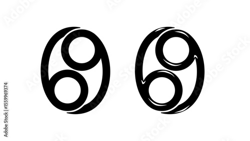 Number 69 symbol, black isolated silhouette
