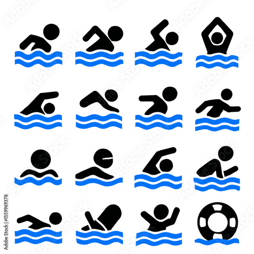 Stylized Swimming Icons Depicting Various Strokes and Water Activities