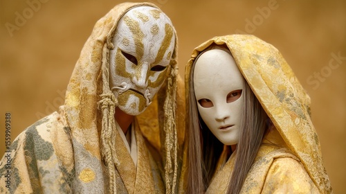 Intricately masked figures in golden attire, evoking Japanese Noh drama, weave mystery and allure for Obon and Setsubun celebrations
