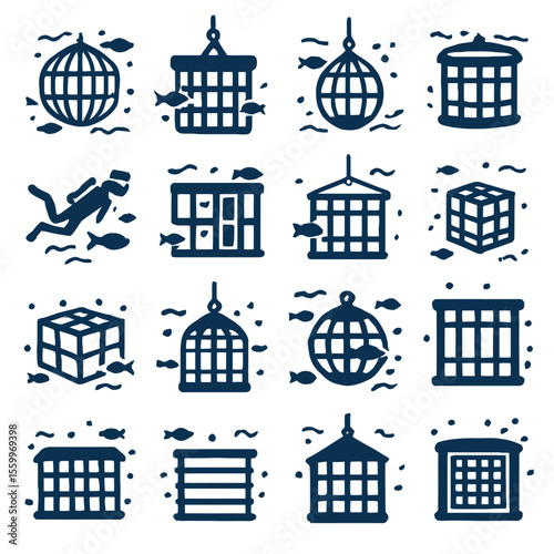 Stylized Underwater Scene with Cages, Fish, Diver, and Geometric Shapes