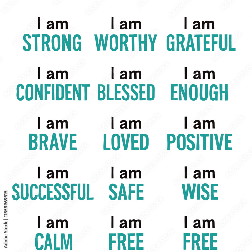 Obraz premium Teal Affirmations: Strong, Worthy, Grateful, Confident, Blessed, Enough, Brave, Loved, Positive, Successful, Safe, Wise, Calm, Free