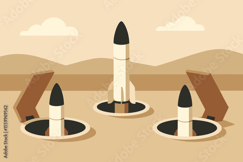 Three Missiles Poised in Desert Launch Silos