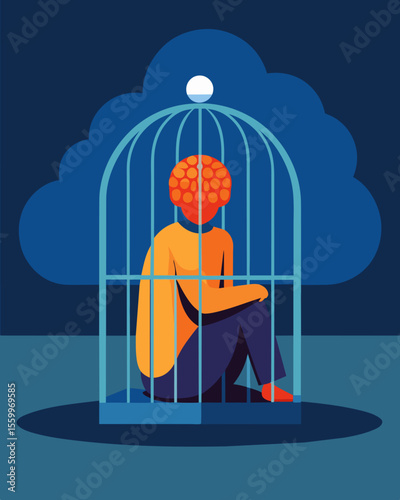 A person sitting in a prison cell their brain visibly ped in a cage.. Vector illustration