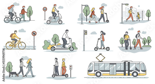 Urban Commuting Scenes: People on Bikes, Scooters, and Public Transport