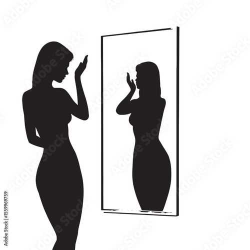 Black Silhouette Vector of Woman Looking into Mirror in Self-Care or Dressing Scene on White Background Full HD