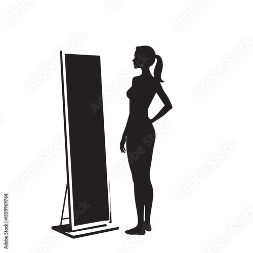 Black Silhouette Vector of Woman Looking into Mirror in Self-Care or Dressing Scene on White Background Full HD