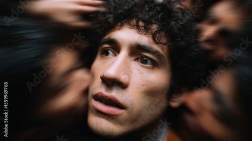Lost in a blur of chaos, a pensive Hispanic male contemplates the enigma of Dia de Muertos dreams