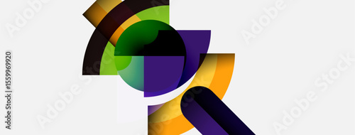 Abstract composition features colorful overlapping arcs, curves, shapes. Modern design, vibrant hues create dynamic visual impact.