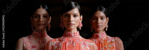Three South Asian women in elegant floral gowns reflect glamourous symmetry, embodying Diwali's radiant festivity and sartorial harmony