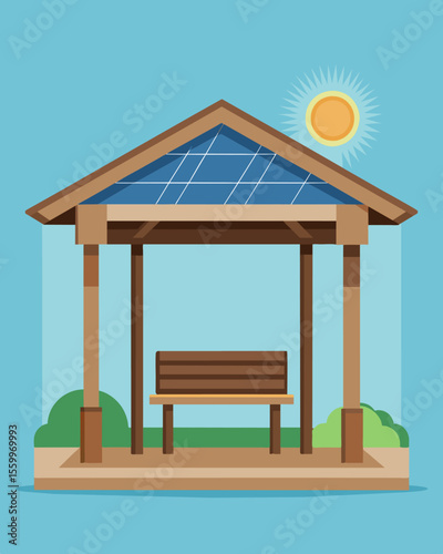 A rustic and charming bus shelter with solar panels on top of a wooden roof blending seamlessly with the natural surroundings.. Vector illustration