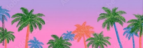 Colorful palms sway against a dreamscape sunset, evoking tropical escapism, vibrant fiestas, and surreal botanica tranquility