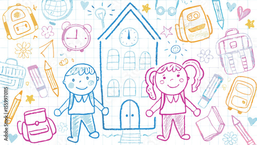 Hand drawn school scene with children school building and supplies in doodle style on grid background