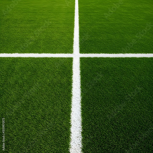 a well-maintained green grass field with a thick white line running horizontally across the center. Thick horizontal white painted line is running across green grass turf in flat vector illustration