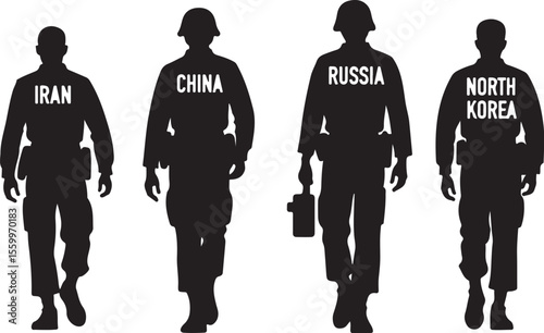 Rising Powers: Silhouettes of Soldiers from Iran, China, Russia, Korea