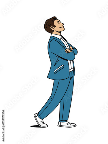 Confident Person Walking in Blue Suit Side Profile Illustration