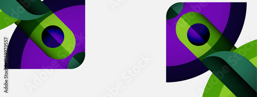 Abstract graphic design featuring vibrant purple, green hues. Overlapping shapes create dynamic visual interest. Modern, clean aesthetic.