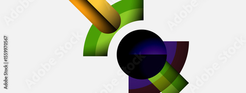 Abstract colorful design features curved shapes, overlapping layers, vibrant hues. Modern graphic element suggests movement, energy, innovation.