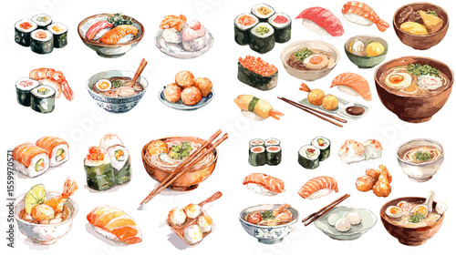 Assorted Japanese food illustration featuring sushi, ramen, and appetizers in hand-drawn watercolor style with chopsticks and bowls for authentic cuisine themes.

