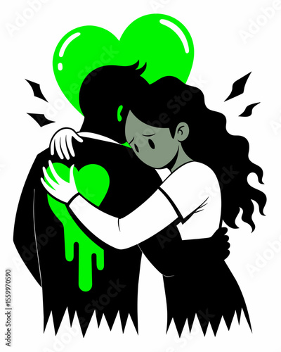A black and white illustration of a couple hugging with one persons heart rep by a pulsing toxic green symbol representing a love that is fueled by unhealthy and damaging emotions.. Vector