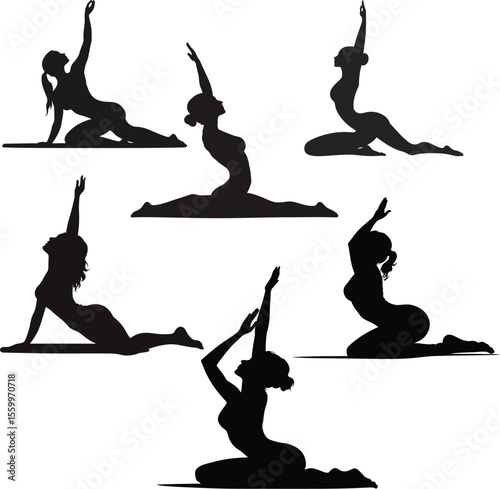 A vector illustration of women and youth in various yoga and fitness poses, captured as dynamic black silhouettes