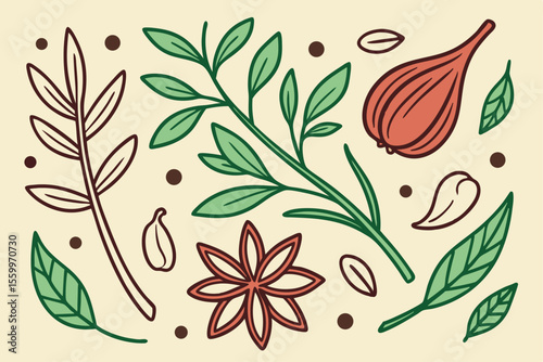 Spice Vector Illustration Hand-Drawn Sketch of Aromatic Herbs and Vegetables