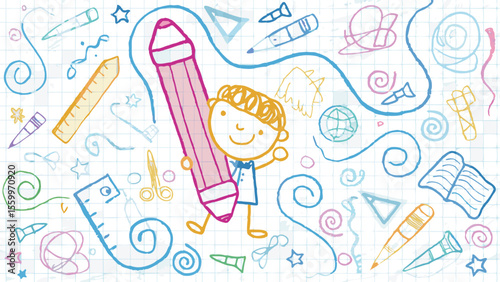 Child holding a large pencil surrounded by school supplies and doodles on a graph paper background