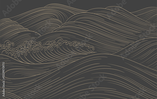 Gold brush stroke texture with Japanese chinses cloud pattern in vintage style. Abstract art landscape banner design