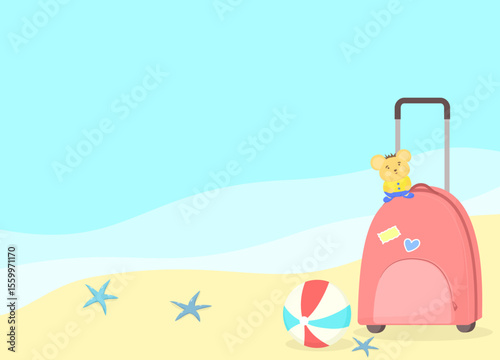 summer happy holiday time, luggage, ball, and sandals background vector design.