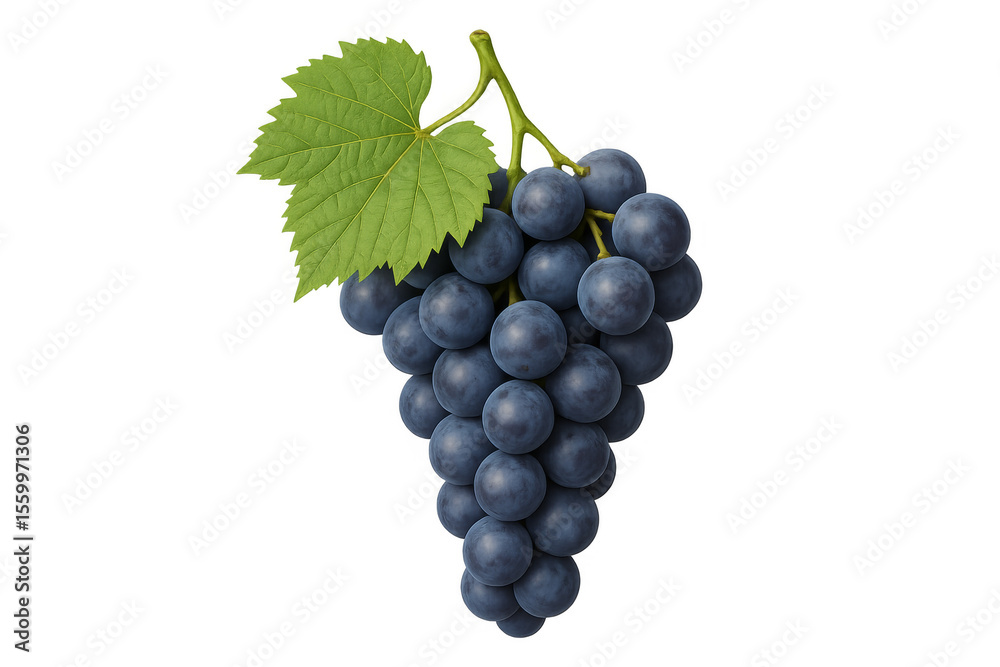 Obraz premium Bunch of fresh purple grapes hanging with green leaf on transparent background