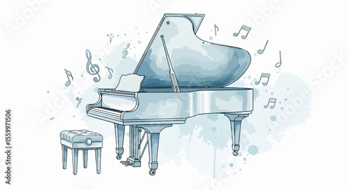 Elegant Watercolor Grand Piano with Floating Notes