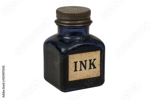 Small vintage ink bottle with metal cap on transparent background
