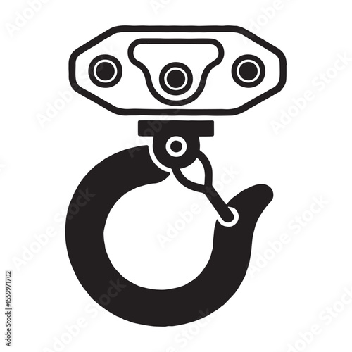 Minimalist Industrial Crane Hook Icon with Geometric Lines and Mechanical Details on White Background for Technical Use.