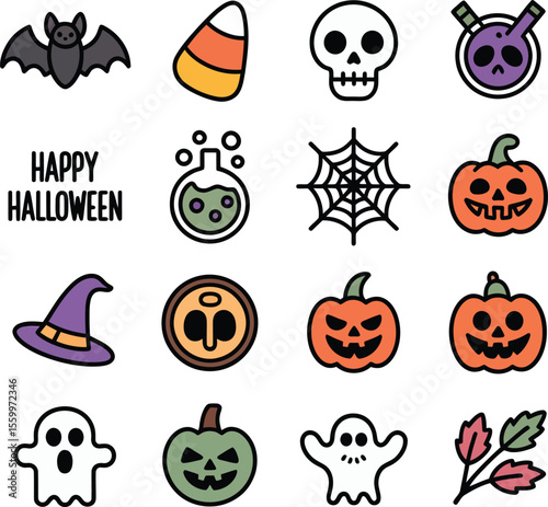 Collection of cute and colorful halloween icons with text happy halloween