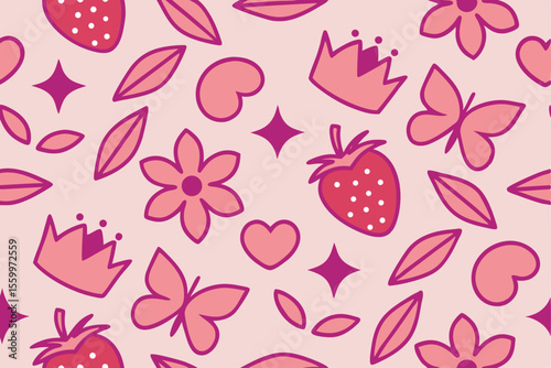 Vibrant Girlish Seamless Pattern Colorful Floral & Strawberry Design