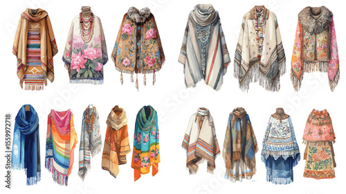 Colorful shawl and poncho collection illustration featuring ethnic and bohemian patterns, woven textures, and hand-drawn textile details for fashion themes.

