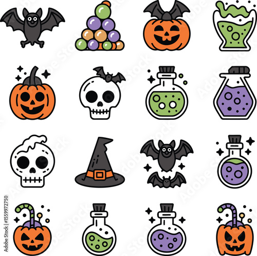 Cute halloween icons featuring bats pumpkins skulls witch hat and potions