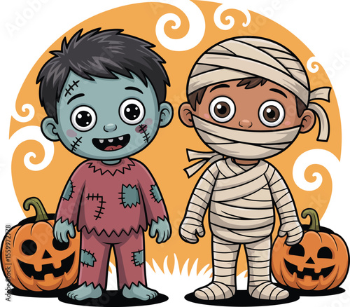 Cute cartoon zombie and mummy children with pumpkins on halloween